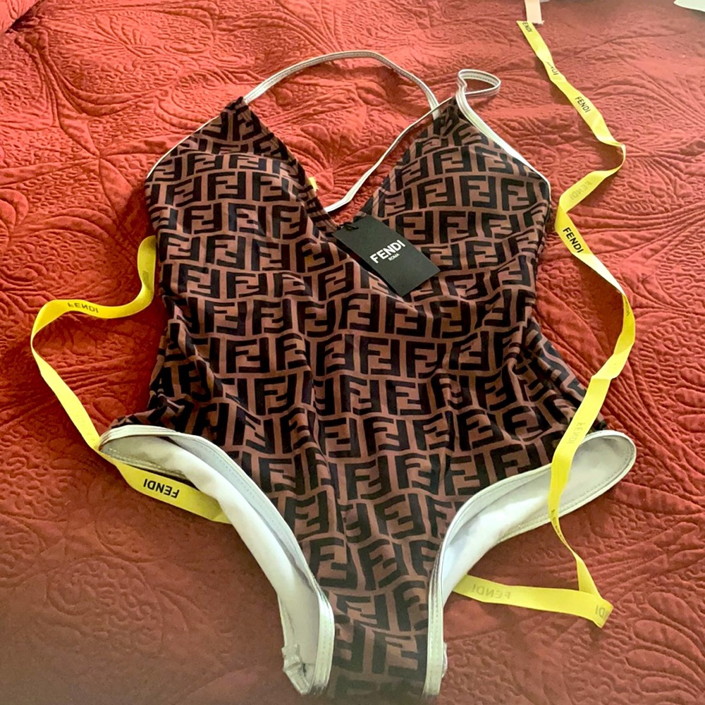 Fendi Allover Logo V-Neck One Piece Silver